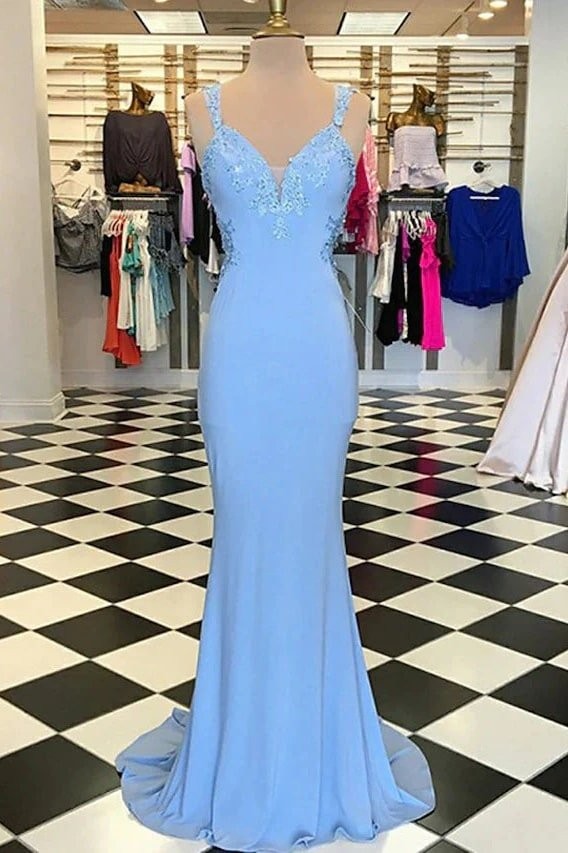 Trumpet/Mermaid Scalloped Neck Sleeveless Sweep Train Elastic Satin Blue Prom Dresses With Appliqued