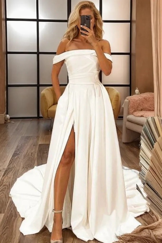 A-Line/Princess Stretch Crepe Ruched Off-the-Shoulder Sleeveless Sweep/Brush Train Wedding Dresses
