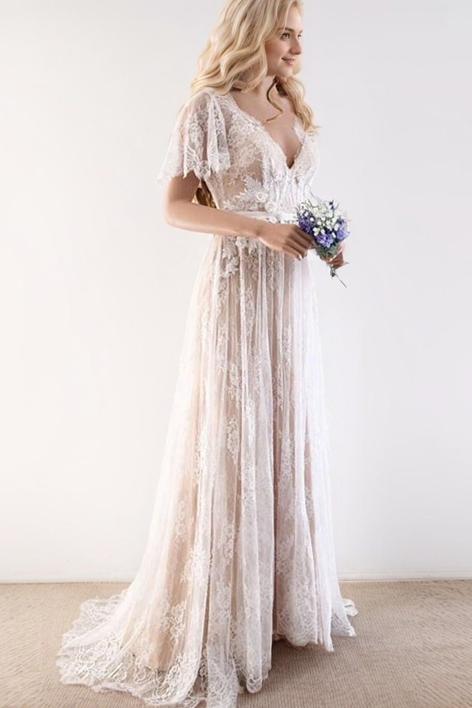 A-Line/Princess Lace Sash/Ribbon/Belt V-neck Short Sleeves Sweep/Brush Train Wedding Dresses