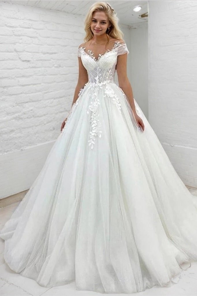 A-Line/Princess Tulle Lace Scoop Short Sleeves Sweep/Brush Train Wedding Dresses