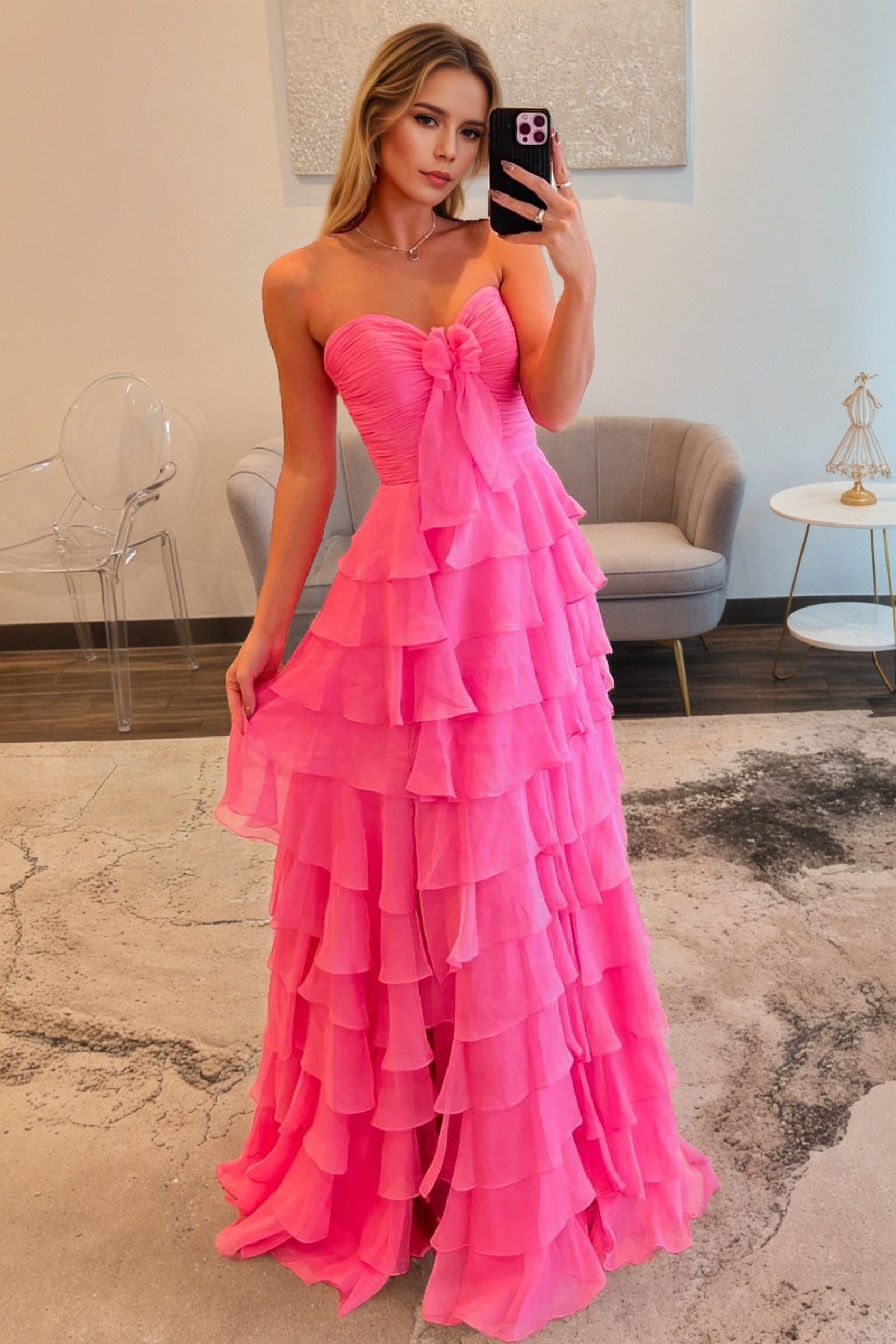A-line/Princess Chiffon Fuchsia Sweetheart Tiered Ruffles Prom Dress with Slit