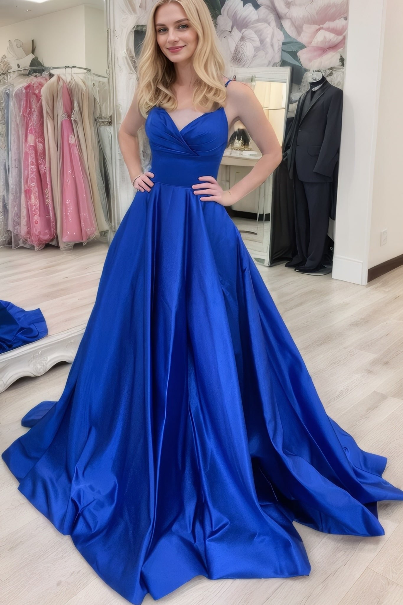 A-line V Neck Sleeveless Court Train Satin Prom Dresses With Bowknot Pleated Waistband