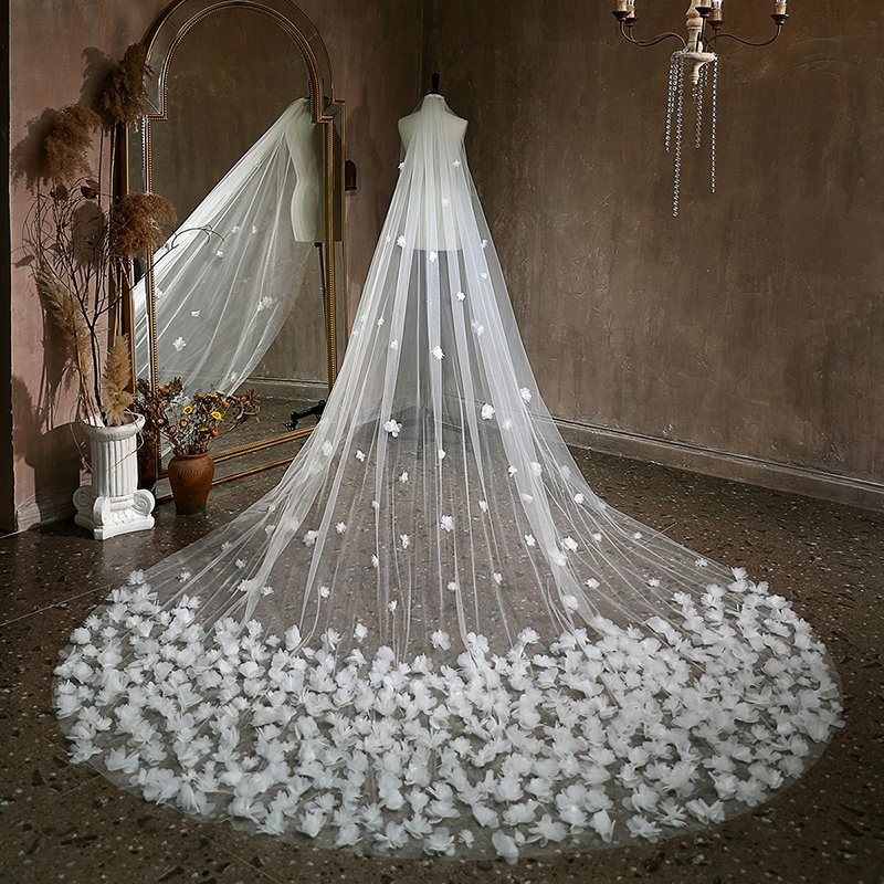 Floral Cut Edge Single Tier Tulle Bridal Cathedral Length Wedding Veils