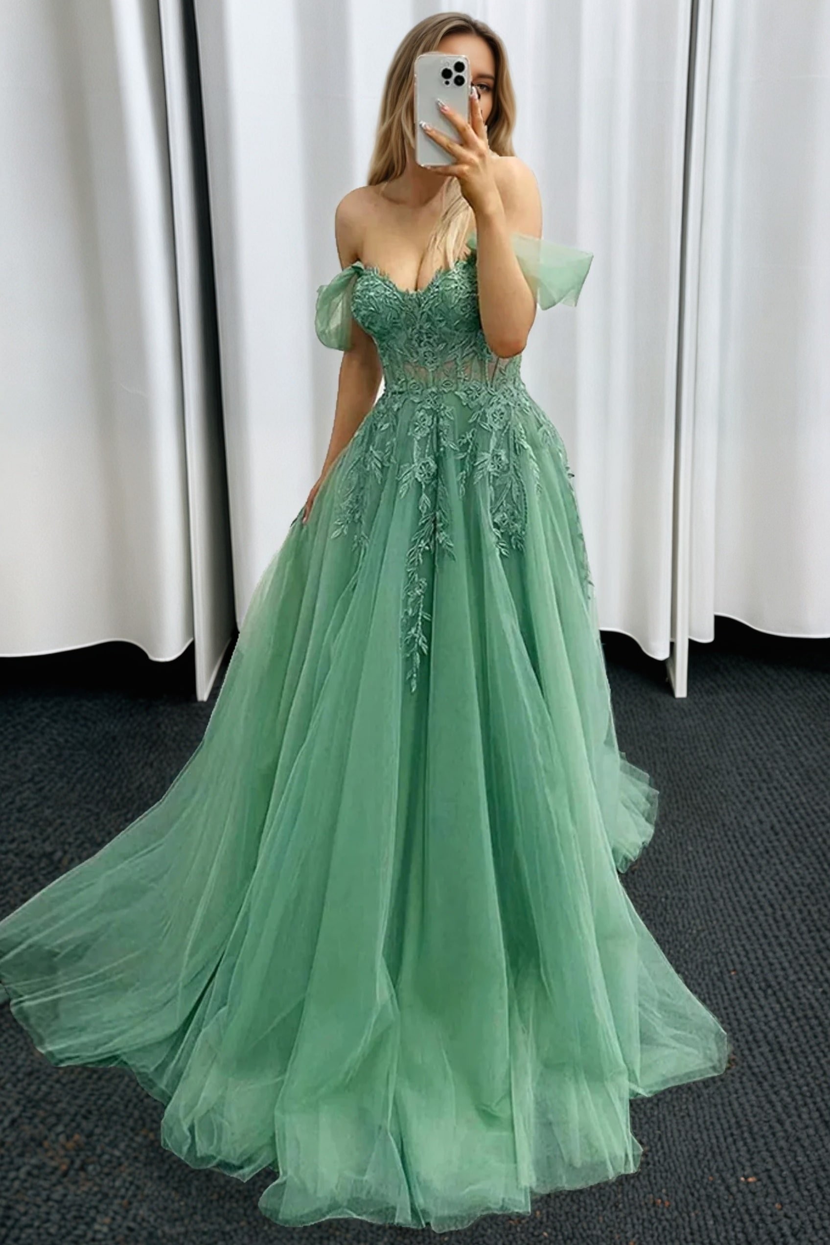 A-line Off-the-Shoulder Sleeveless Tulle Long Prom Dresses Green Ball Gowns