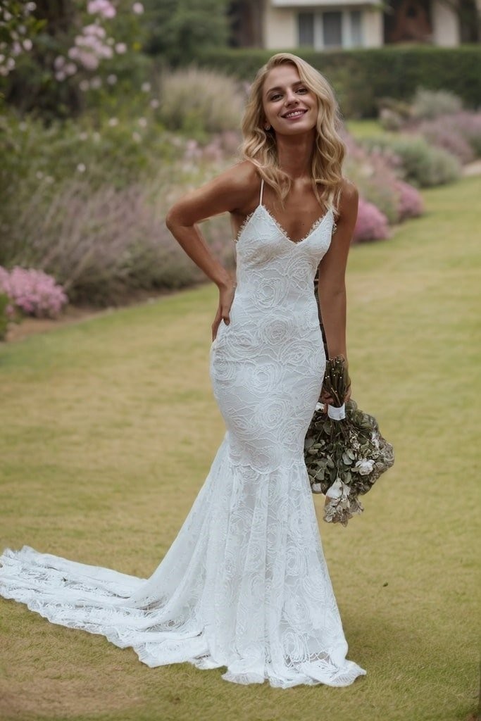 Trumpet/Mermaid V-neck Sleeveless Lace Applique Sweep/Brush Train Wedding Dresses