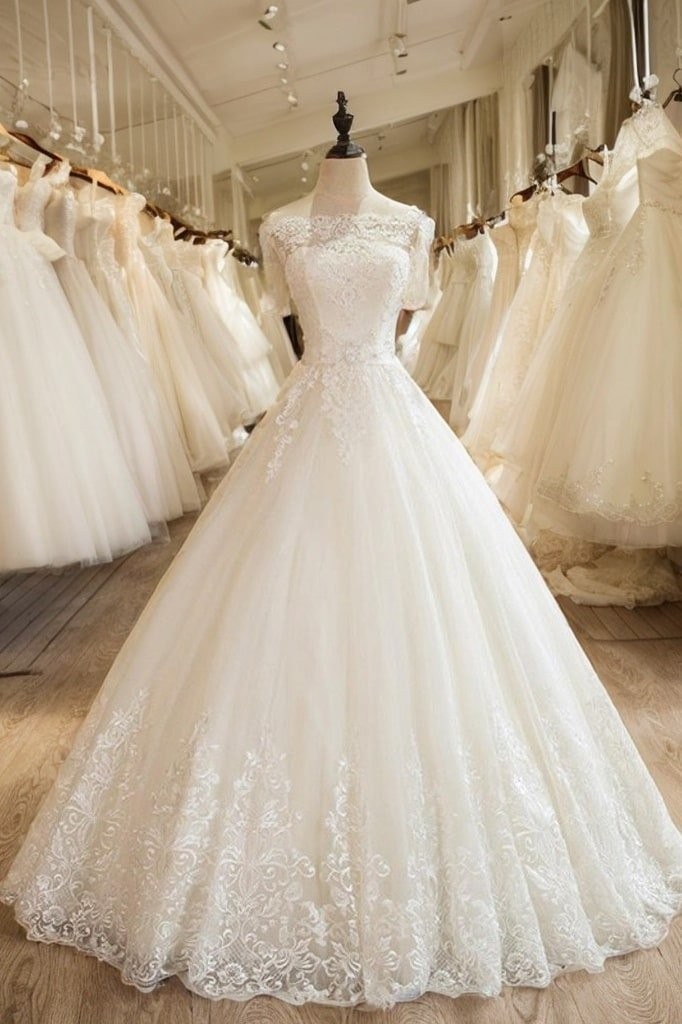 Ball Gown 1/2 Sleeves Off-the-Shoulder Floor-Length Applique Lace Tulle Wedding Dresses