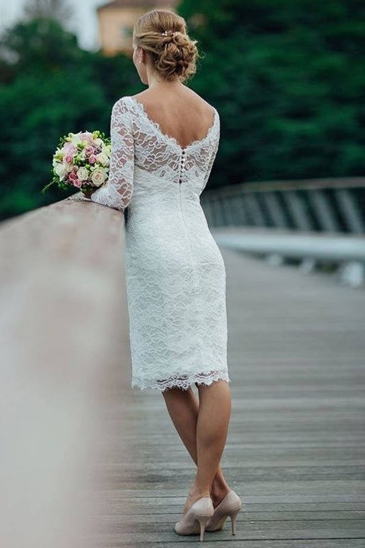 Sheath/Column Lace Scoop Long Sleeves Knee-Length Wedding Dresses