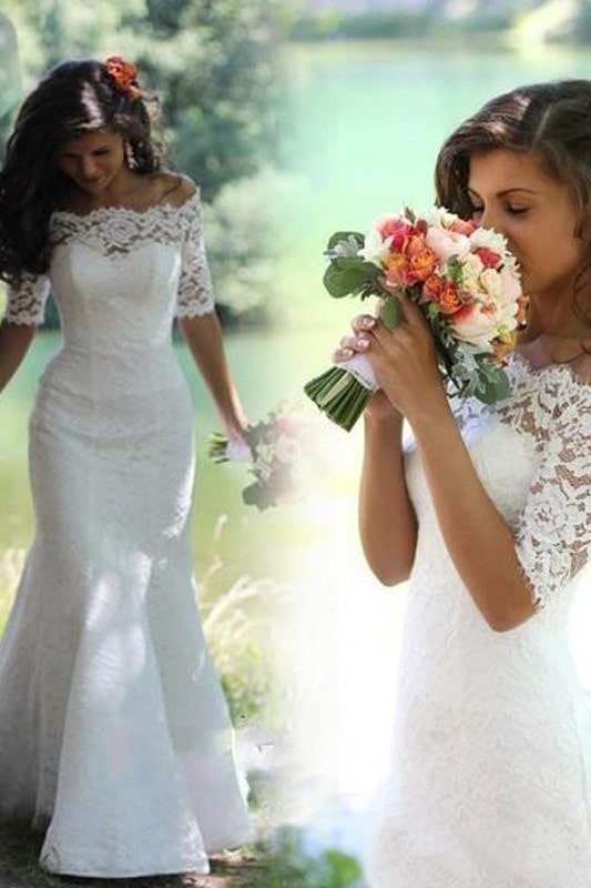 Trumpet/Mermaid Off-the-Shoulder 1/2 Sleeves Lace Court Train Wedding Dresses