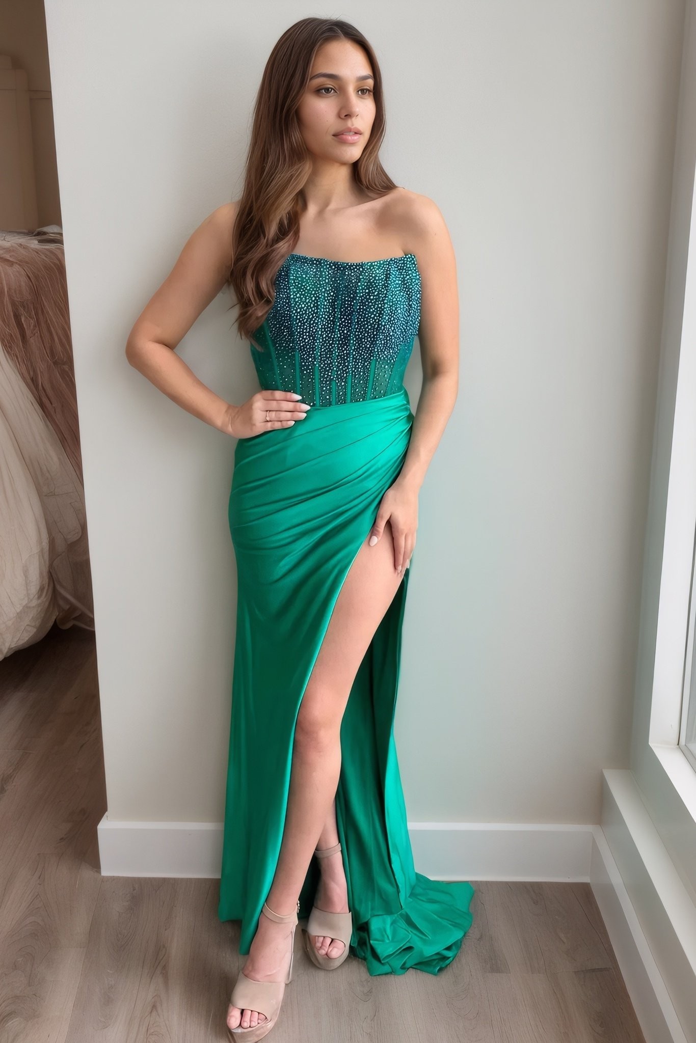 Trumpet/Mermaid Strapless Mermaid Long Sequins Prom Dress With Split