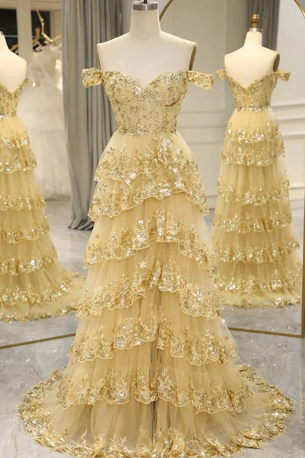 A-Line/Princess Tulle Lace Off-the-Shoulder Prom Dresses Sleeveless Long Evening Gowns