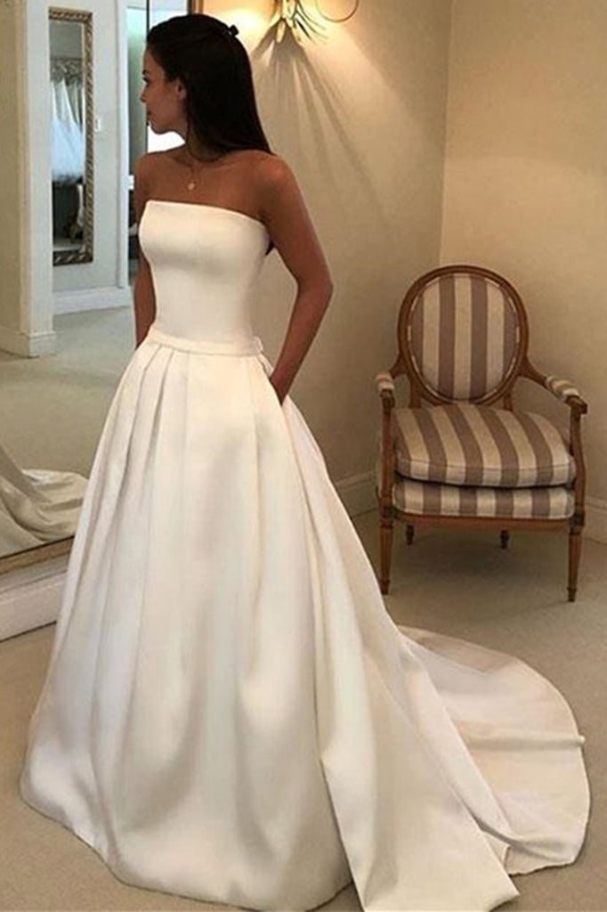 A-line Strapless Court Train Satin Wedding Dress With Waistband Pockets