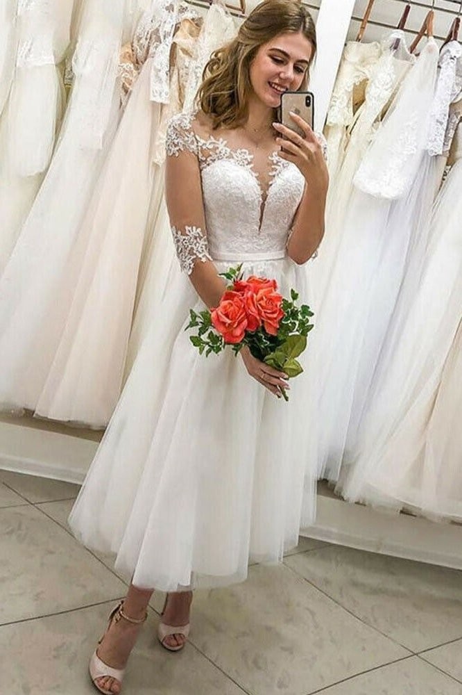 A-line Illusion Neck Half Sleeve Tea-Length Tulle Wedding Dress With Lace Waistband