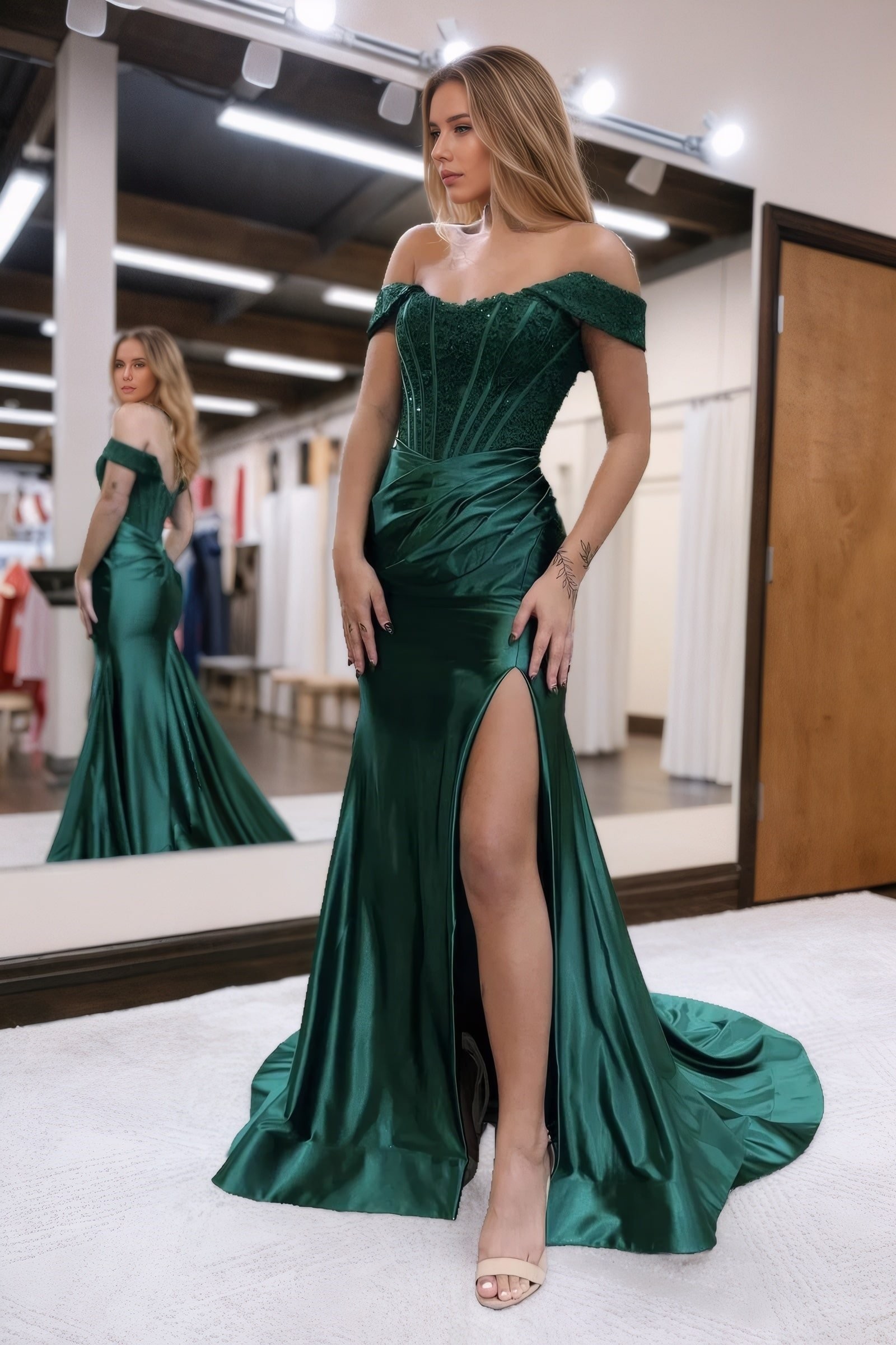 Trumpet/Mermaid Elastic Woven Satin Ruched Off-the-Shoulder Prom Dresses Sleeveless Long Green Evening Gowns
