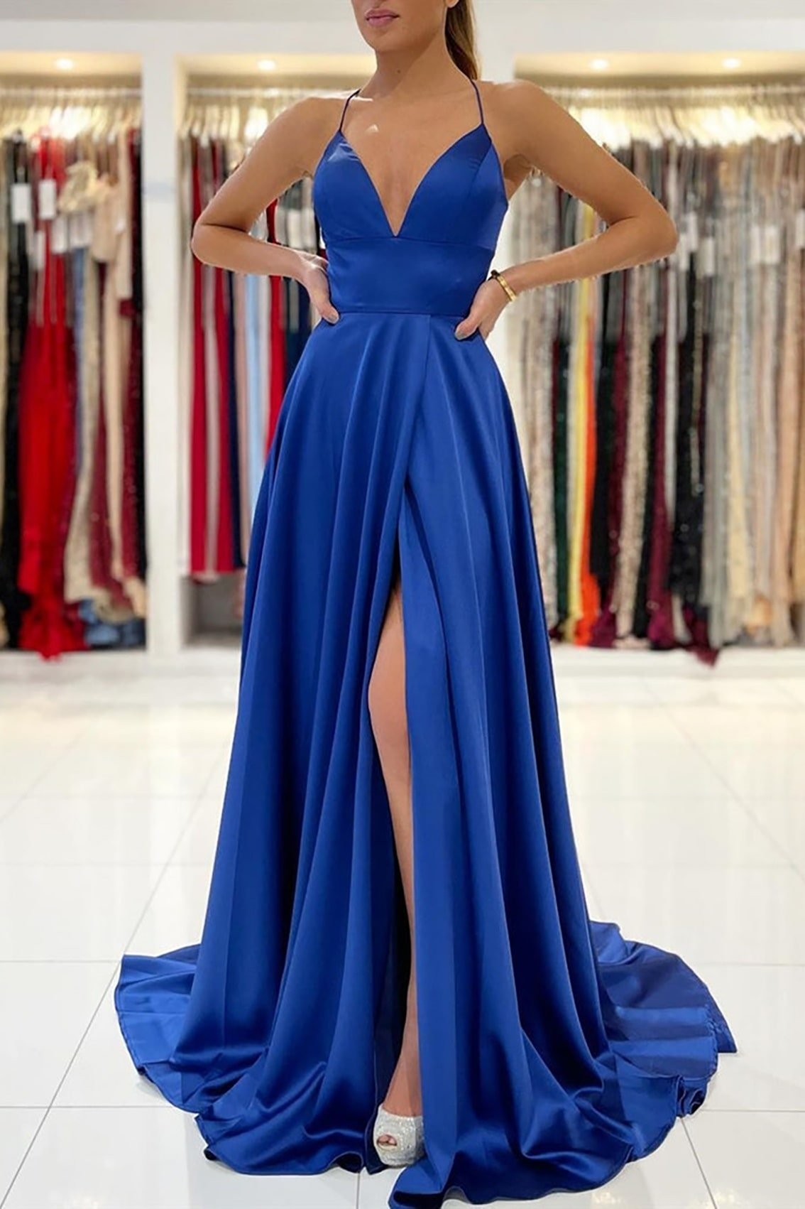A-line V Neck Sleeveless Charmeuse Sweep Train Prom Dress With Split
