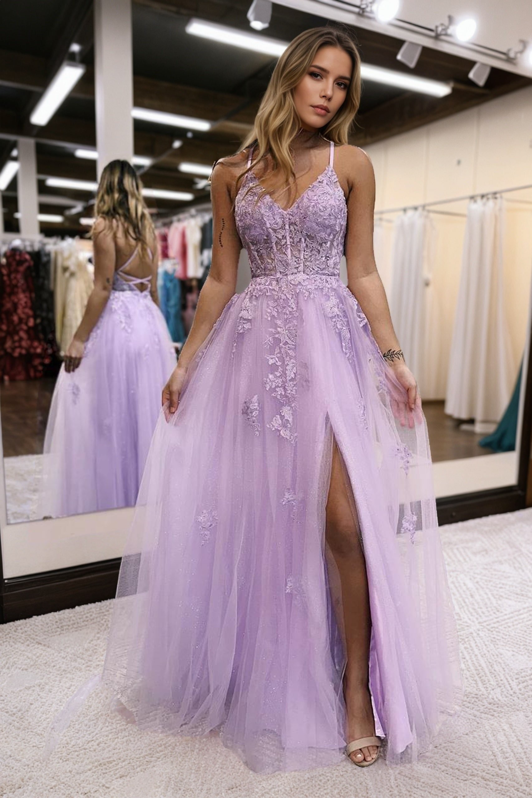 A-Line/Princess Tulle Applique Prom Dresses V-neck Sleeveless Floor-Length Formal Evening Gowns