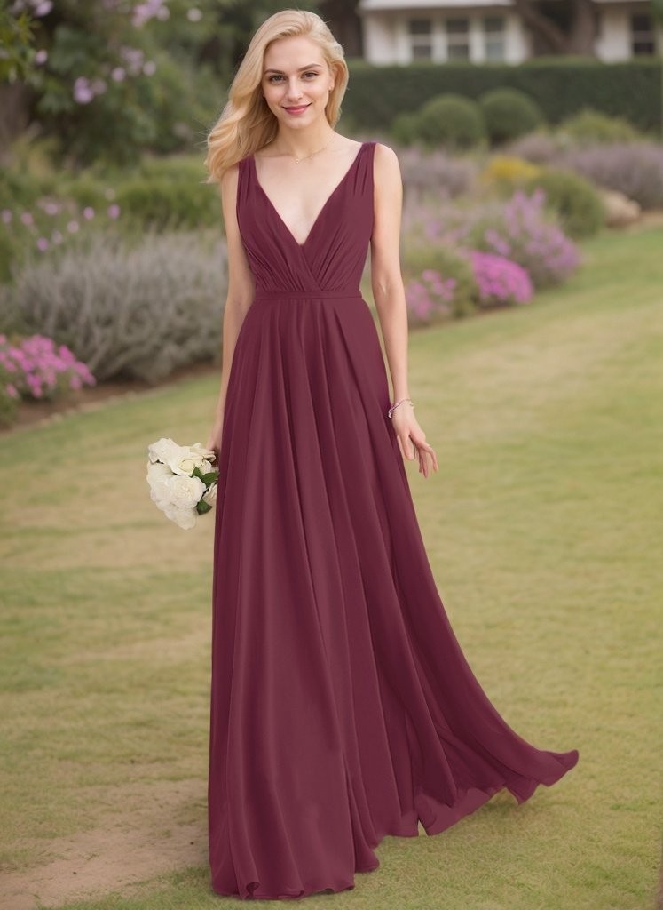 A-Line/Princess V-neck Sleeveless Ruched Floor-Length Chiffon Bridesmaid Dresses
