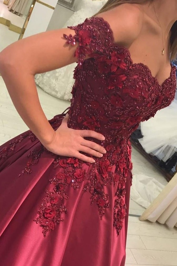 Appliqued Off-The-Shoulder Satin Princess Prom Dresses With Beads