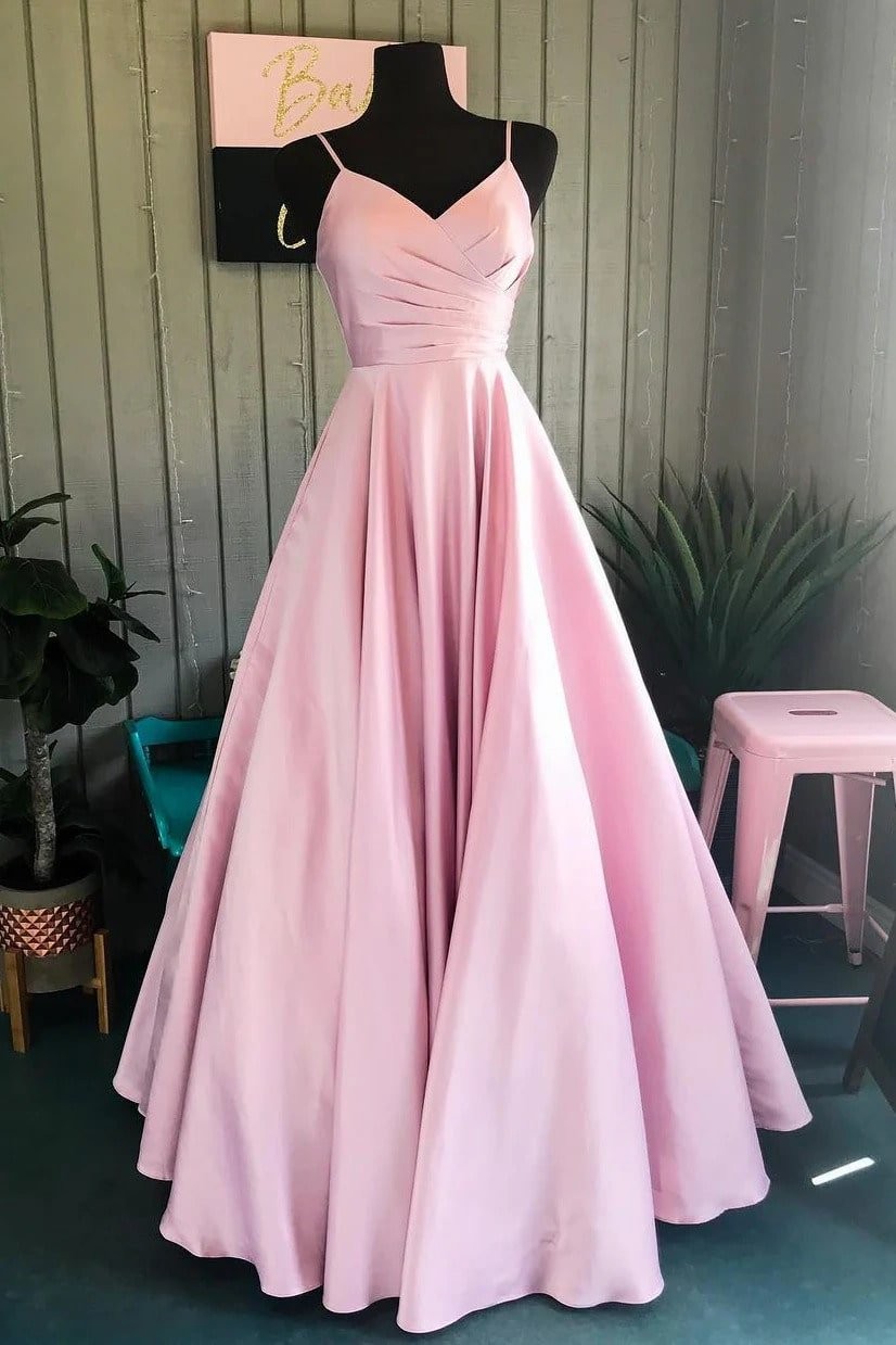 A-line V Neck Long/Floor-Length Satin Prom Dress With Pleated