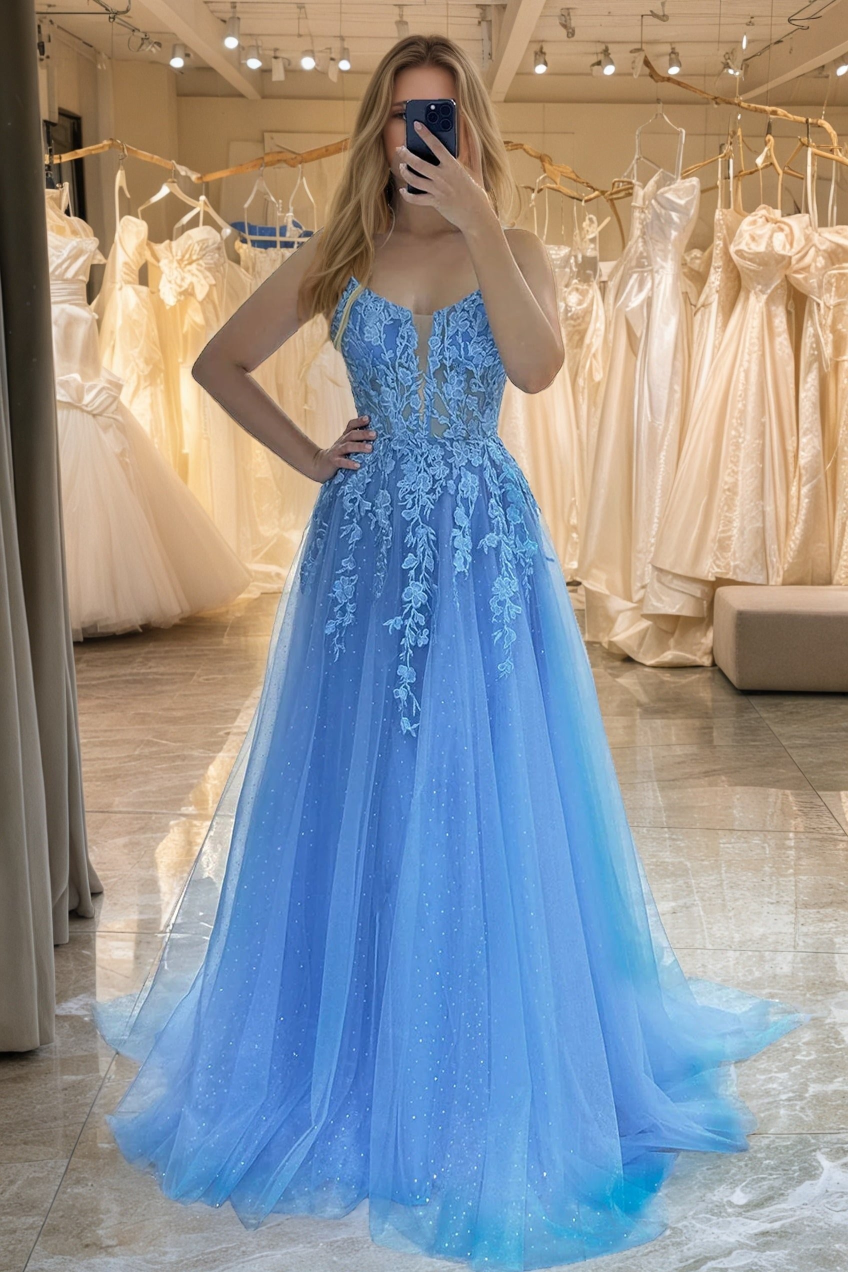 A-line V Neck Long/Floor-Length Tulle Sparkling Prom Dresses with Split Glitter Ball Gowns