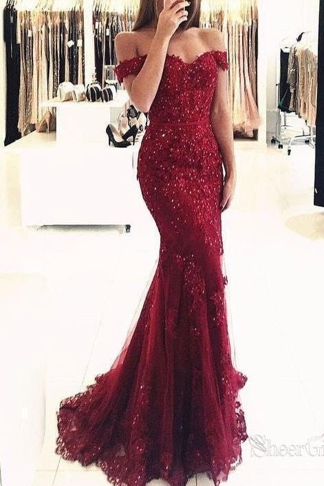 Lace Long/Floor-Length Trumpet/Mermaid Sleeveless Off-The-Shoulder Zipper Prom Dresses With Appliqued Beaded