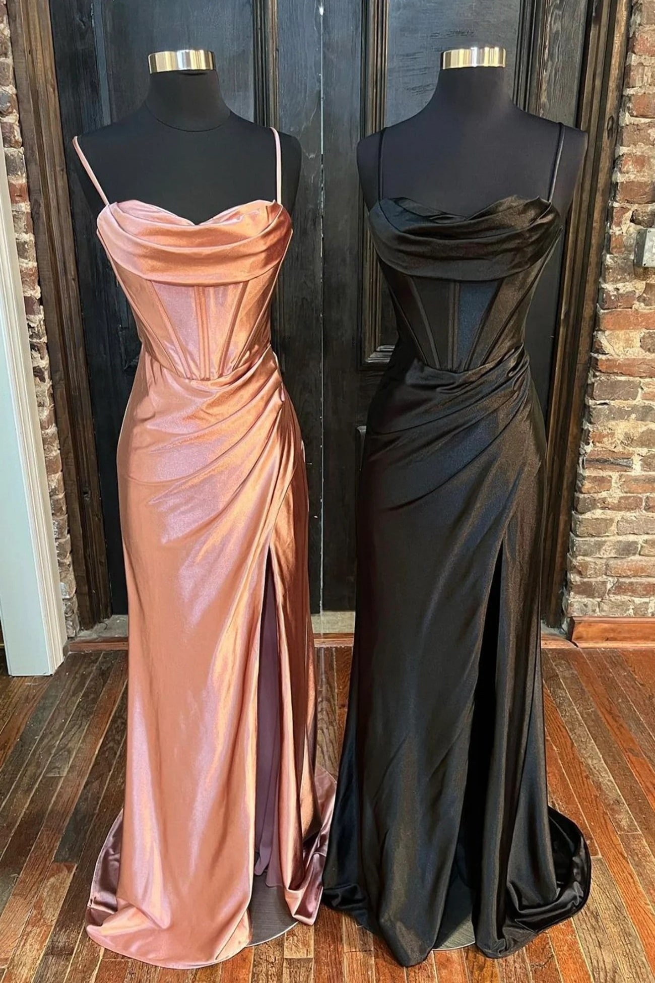 Sheath/Column Sweetheart Sleeveless Silk like Satin Sweep Train Prom Dresses With Split Ruffles