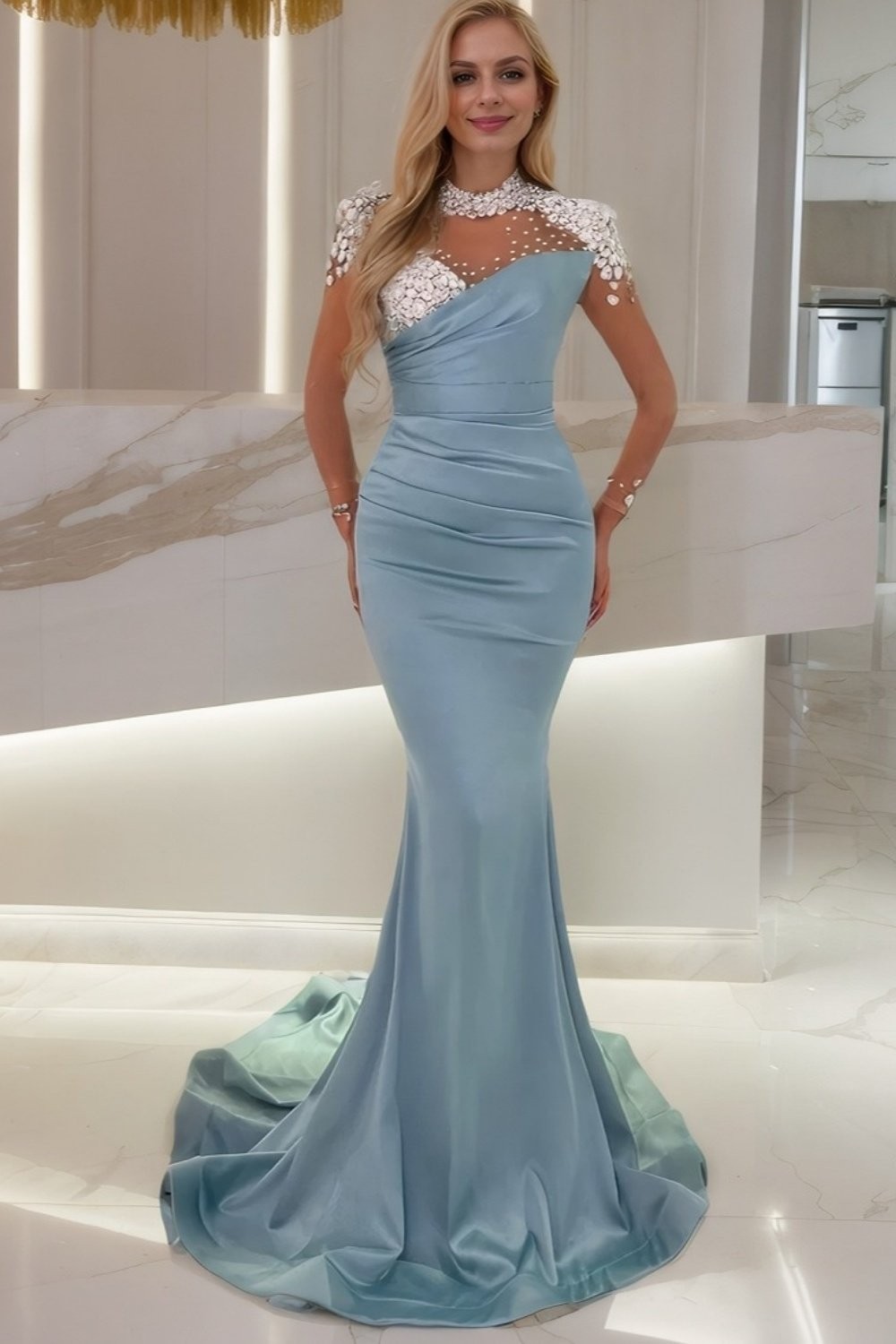 Trumpet/Mermaid Blue Satin Long Sleeve Prom Dresses Long Formal Ball Gown