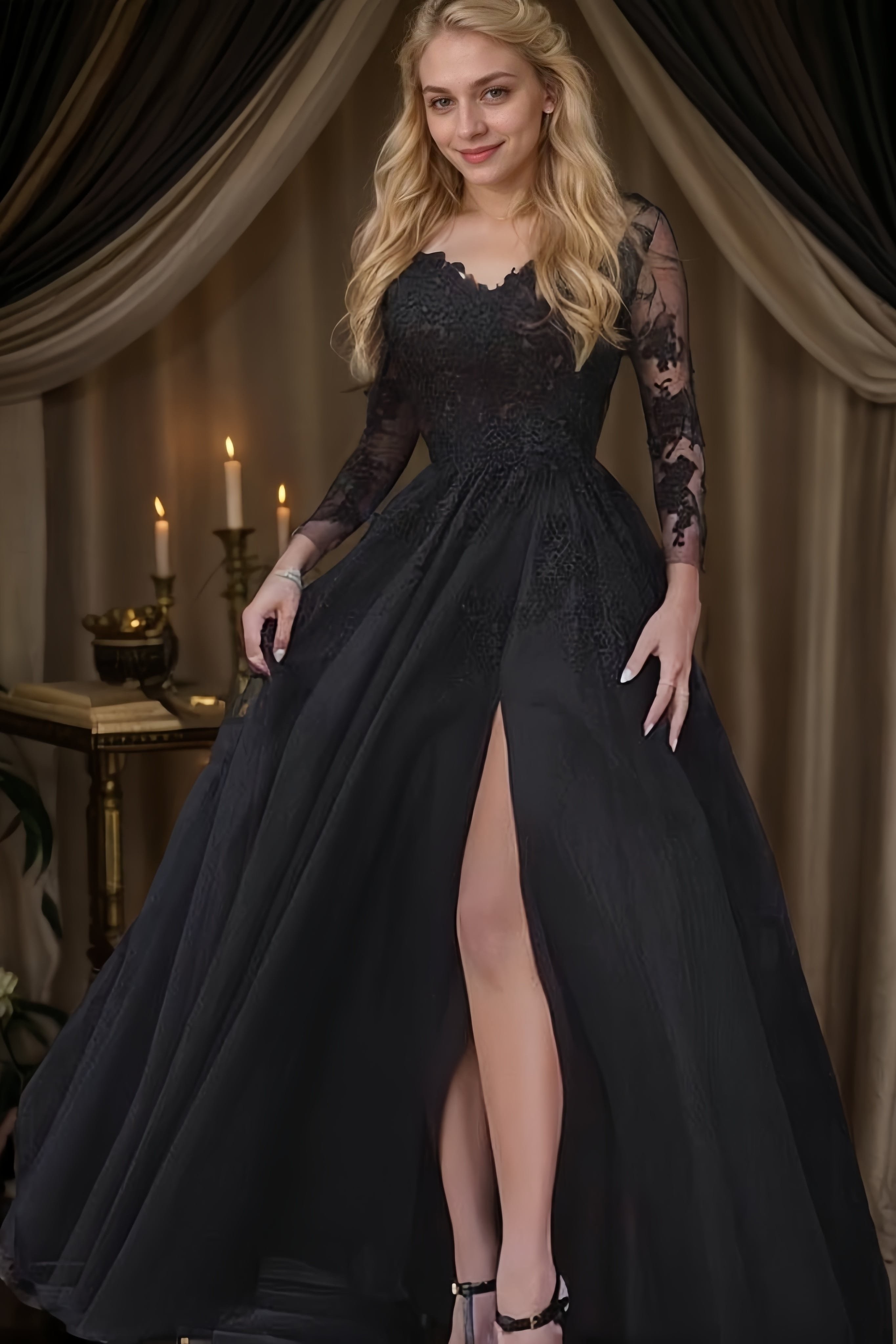 Ball Gown Long Sleeves V-neck Floor-Length Tulle Applique Dresses