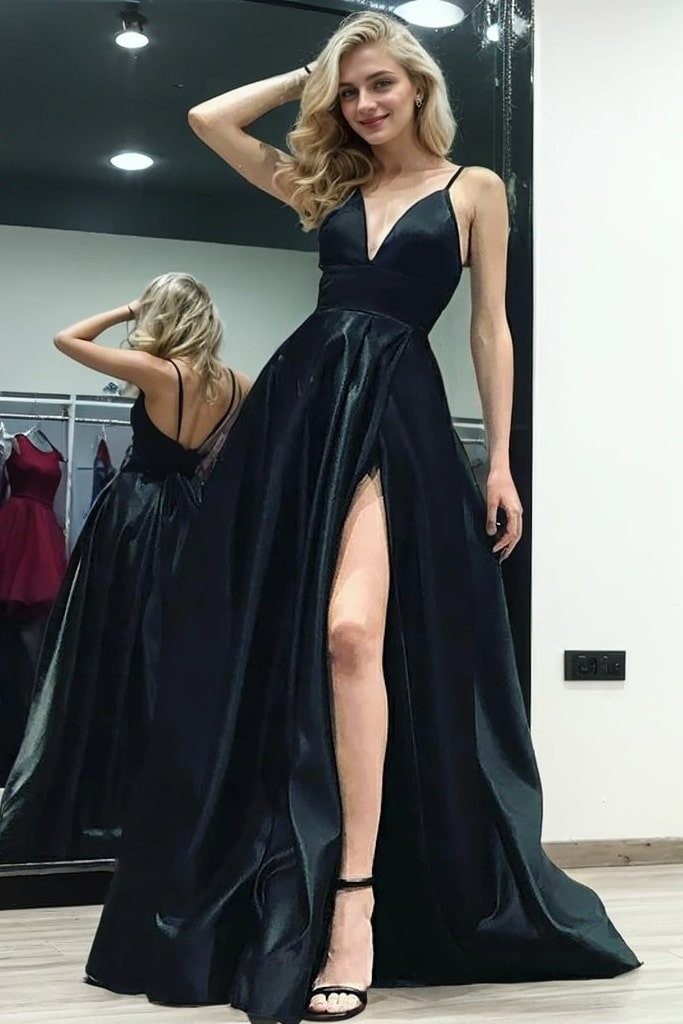 A-line V Neck Sleeveless Satin Long/Floor-Length Prom Dresses With Pockets Split