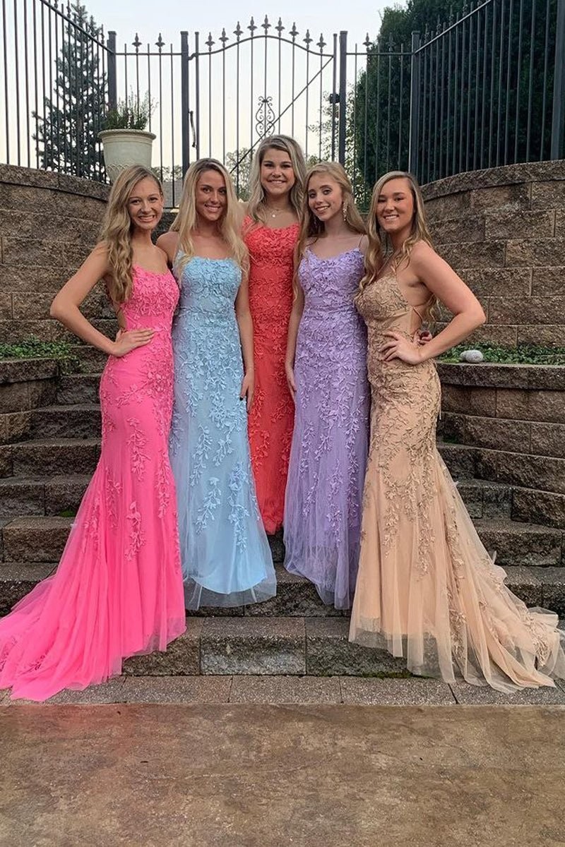 Sheath/Column Tulle Applique Prom Dresses Spaghetti Straps Sleeveless Long Formal Evening Gowns