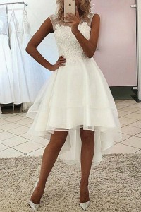 A-line Sleeveless Asymmetrical Tulle Wedding Dress With Lace