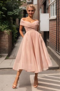 A-line Off-the-Shoulder Short Sleeve Tea-Length Tulle Homecoming Dress with Pleated Pockets
