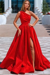2025 A-line Princess Satin Red One Shoulder Long Formal Simple Prom Dress with Pockets Slit Ball Gown