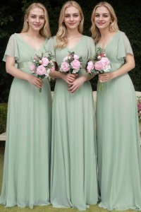 A-Line/Princess Chiffon Ruched V-neck Short Sleeves Sweep/Brush Train Bridesmaid Dresses