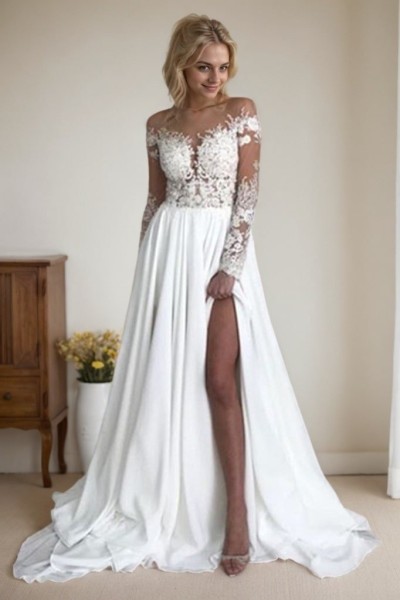 A-Line/Princess Chiffon Applique Scoop Long Sleeves Sweep/Brush Train Wedding Dresses
