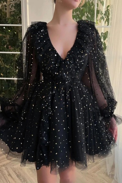 A-line V Neck Full/Long Sleeve Short/Mini Tulle Homecoming Dress with Sequins