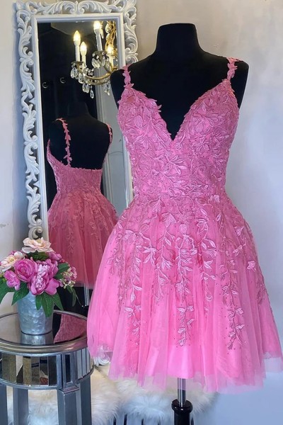 A-line V Neck Sleeveless Short/Mini Tulle Homecoming Dress with Appliqued Beading
