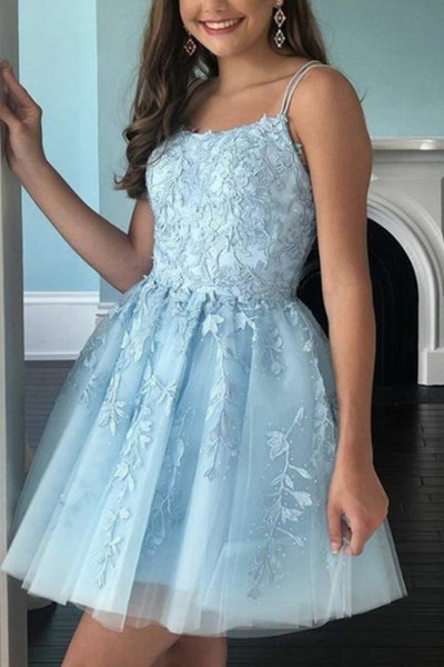 Short/Mini A-line Bateau Lace Tulle Homecoming Dress With Beading