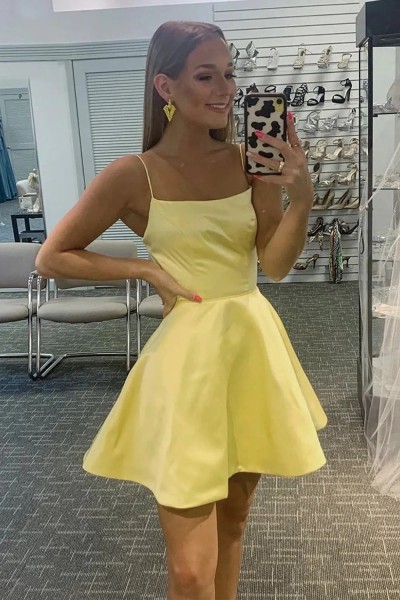 A-line Square Neckline Sleeveless Short/Mini Charmeuse Homecoming Dress