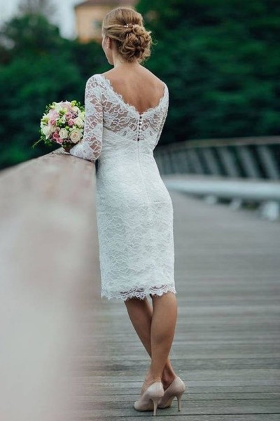 Sheath/Column Lace Scoop Long Sleeves Knee-Length Wedding Dresses