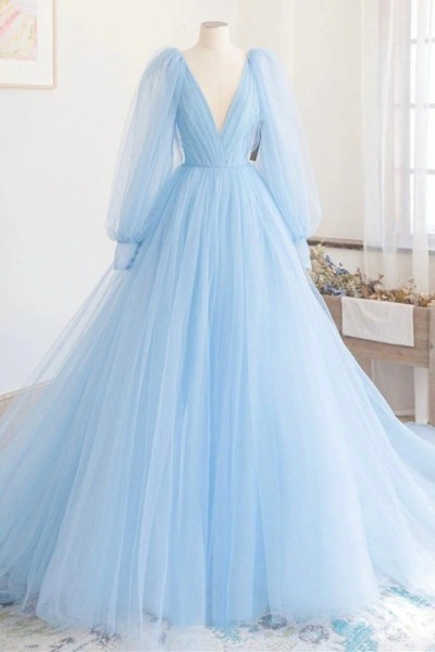 A-line Princess V Neck Full/Long Sleeve Court Train Tulle Prom Dresses