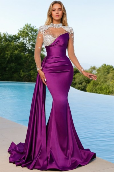 Trumpet/Mermaid Crew Neck Long Sleeve Silk Long Prom Dresses Purple Ball Gowns