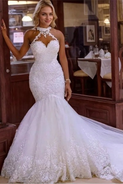 Trumpet/Mermaid Tulle Lace Halter Sleeveless Sweep/Brush Train Wedding Dresses