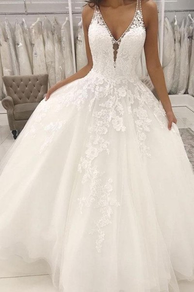 A-Line/Princess Tulle Applique V-neck Sleeveless Sweep/Brush Train Wedding Dresses