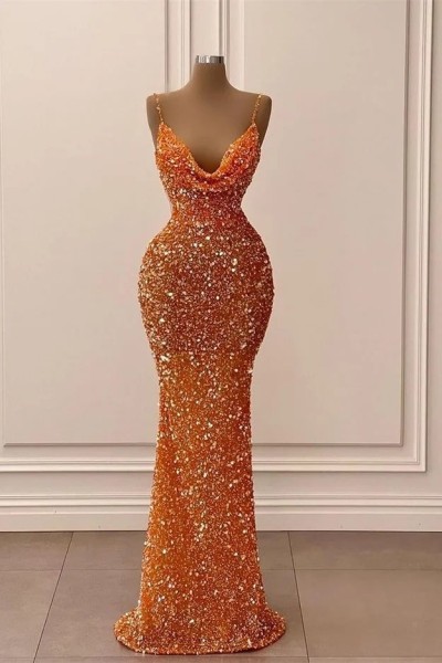 Trumpet/Mermaid Halter Sleeveless Velvet Sequins Long Prom Dresses Orange Ball Gowns