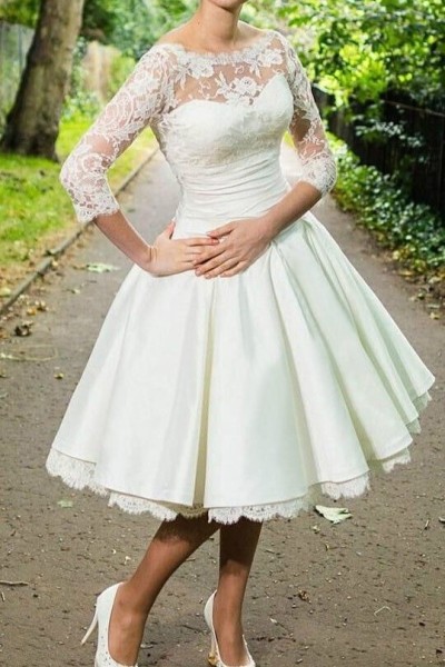 A-Line/Princess Stretch Crepe Lace Scoop 3/4 Sleeves Knee-Length Wedding Dresses