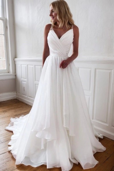 A-Line/Princess Organza Ruffles V-neck Sleeveless Court Train Wedding Dresses