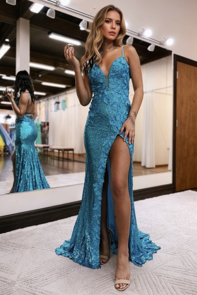 Sheath/Column Sequins Hand-Made Flower V-neck Sleeveless Sweep/Brush Train Prom Dresses
