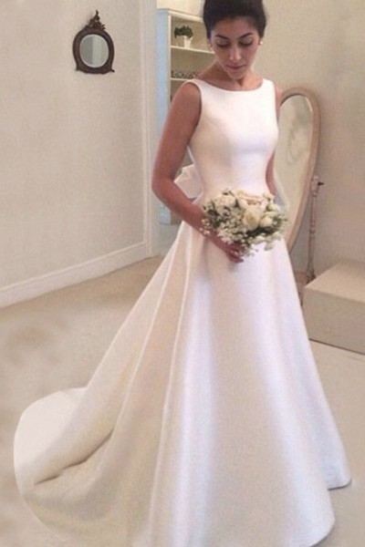 Satin Court Train A-Line/Princess Sleeveless Bateau Zipper Wedding Dress With Bowknot