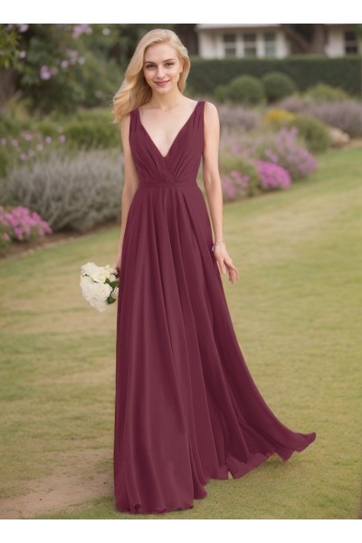 A-Line/Princess V-neck Sleeveless Ruched Floor-Length Chiffon Bridesmaid Dresses