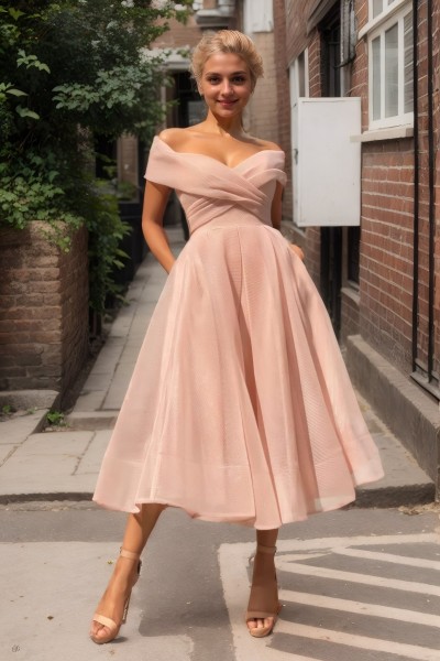 A-line Off-the-Shoulder Short Sleeve Tea-Length Tulle Homecoming Dress with Pleated Pockets
